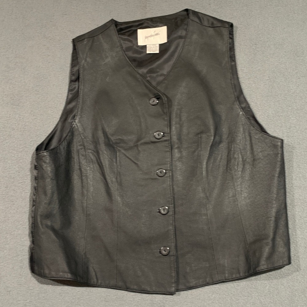 Vintage 80s Jacqueline Ferrar Black Leather Vest Womens XL Pig Nappa